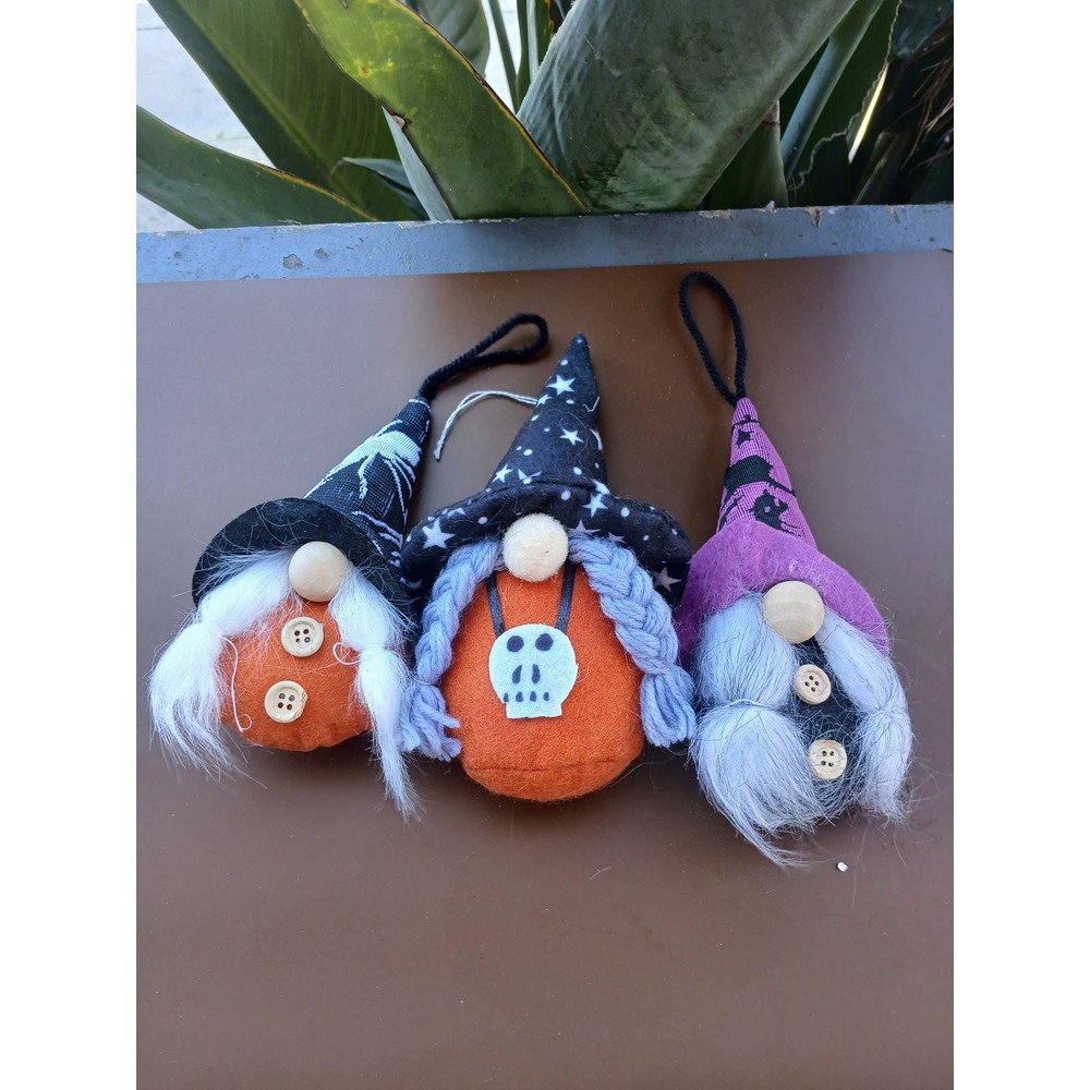 Halloween Gnome Ornaments Set of 3 Plush Witch Wizard Skull Decor Hanging 6.5in